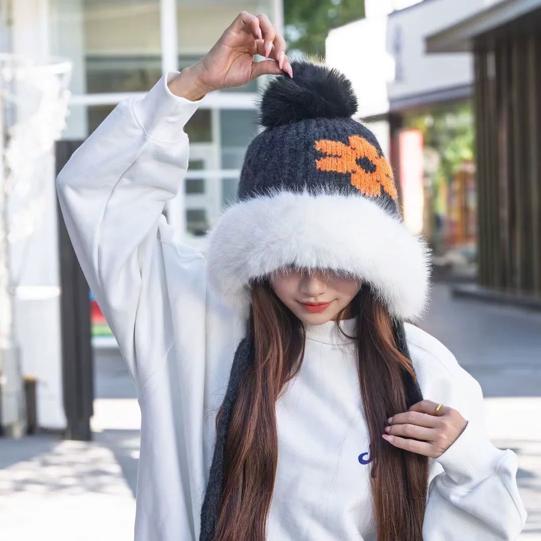 香奈儿CHANEL 2025新款韩版花朵刺绣针织护耳帽女秋冬季加厚保暖毛线套头帽潮