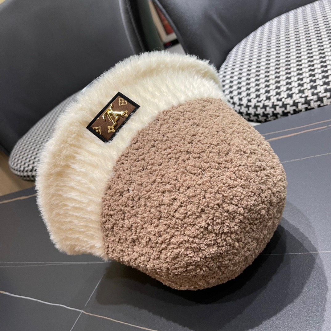 路易威登LouisVuitton可爱渔夫帽女冬季羊羔绒毛绒盆帽子加厚保暖韩版百搭潮牌