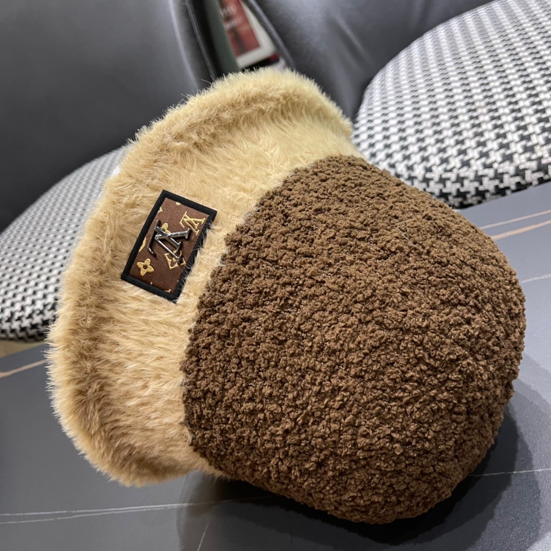 路易威登LouisVuitton可爱渔夫帽女冬季羊羔绒毛绒盆帽子加厚保暖韩版百搭潮牌
