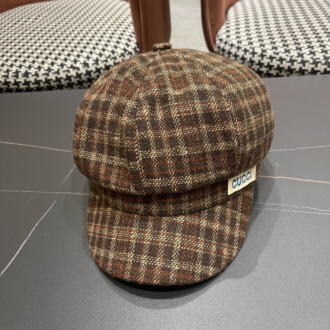 P110 古奇 gucci英伦风格纹贝雷帽子女春秋2025新款大头围百搭显脸小报童画家帽子