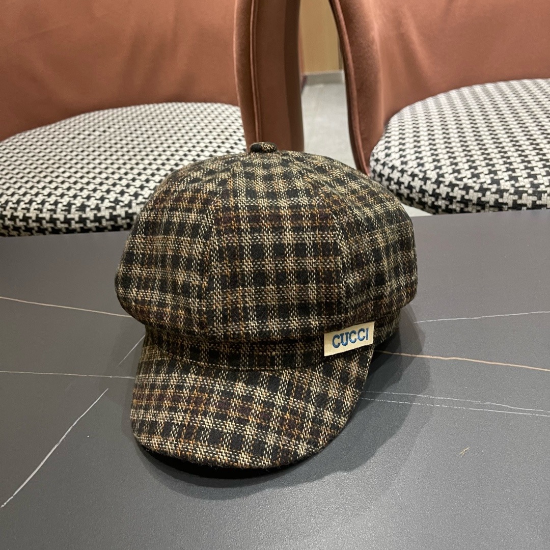 P110 古奇 gucci英伦风格纹贝雷帽子女春秋2025新款大头围百搭显脸小报童画家帽子