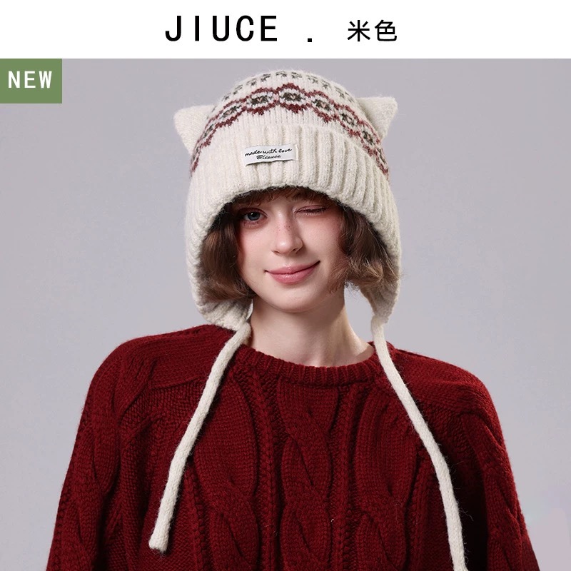 NO:617553,19860909Dior迪奥 加厚加绒费尔岛风帽子骑车甜美可爱猫耳朵 针织护耳帽女秋冬季保暖帽子渔夫帽棒球帽针织帽,帽子,dior,dior,espadrilles,hats,hat