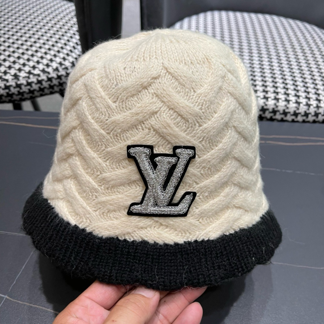 lv路易威登秋冬毛线渔夫帽百搭盆帽显脸小防晒遮阳帽水桶帽子
