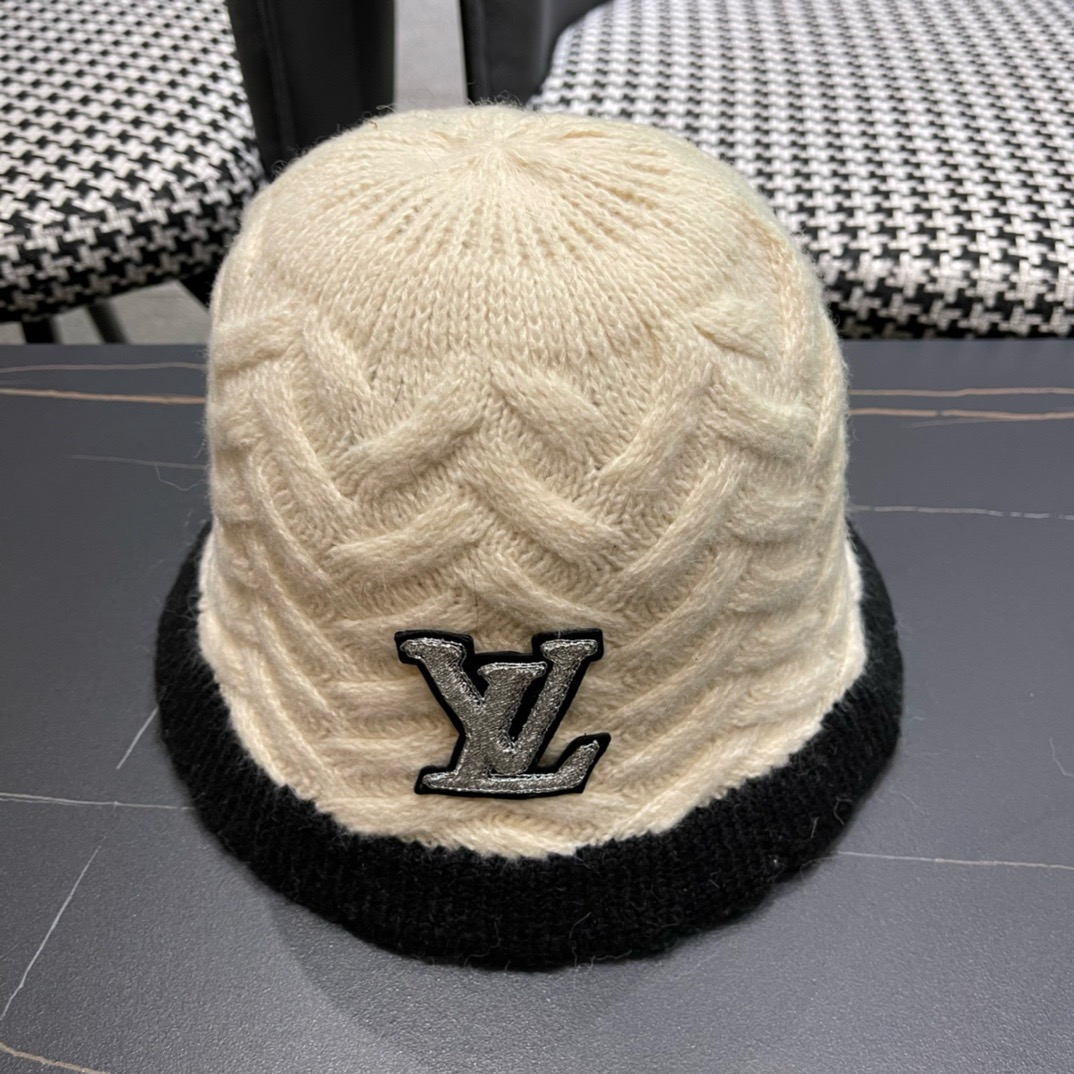 lv路易威登秋冬毛线渔夫帽百搭盆帽显脸小防晒遮阳帽水桶帽子