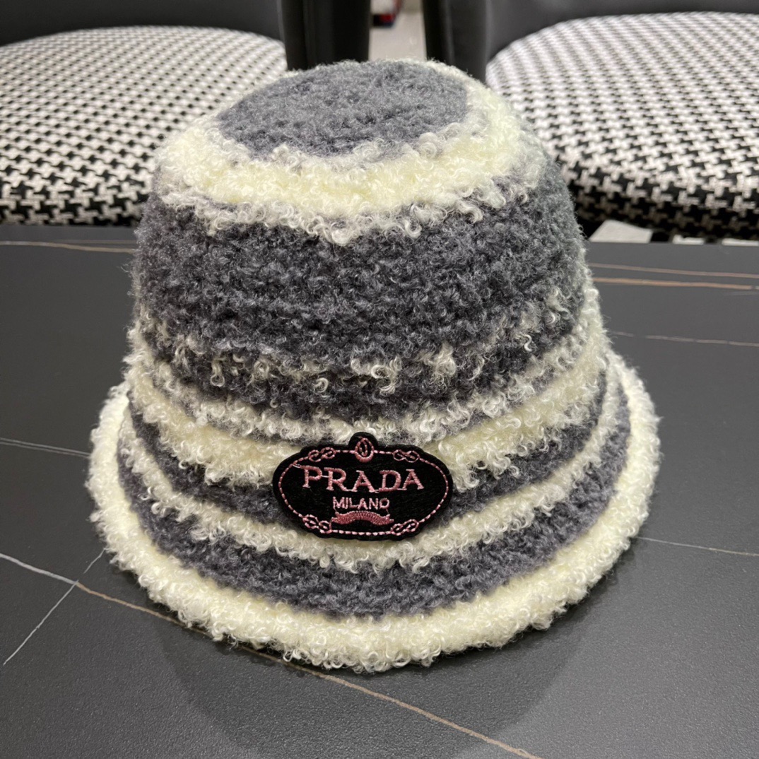 pRADA普拉达 秋冬新款拼色毛线渔夫帽出游逛街休闲百搭盆帽宽檐显脸小可折叠潮