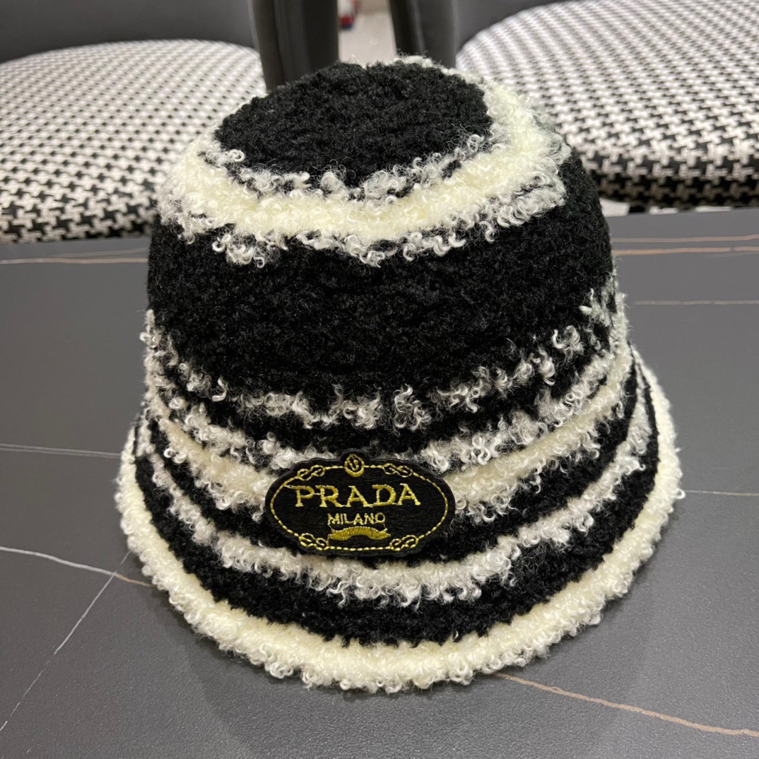pRADA普拉达 秋冬新款拼色毛线渔夫帽出游逛街休闲百搭盆帽宽檐显脸小可折叠潮