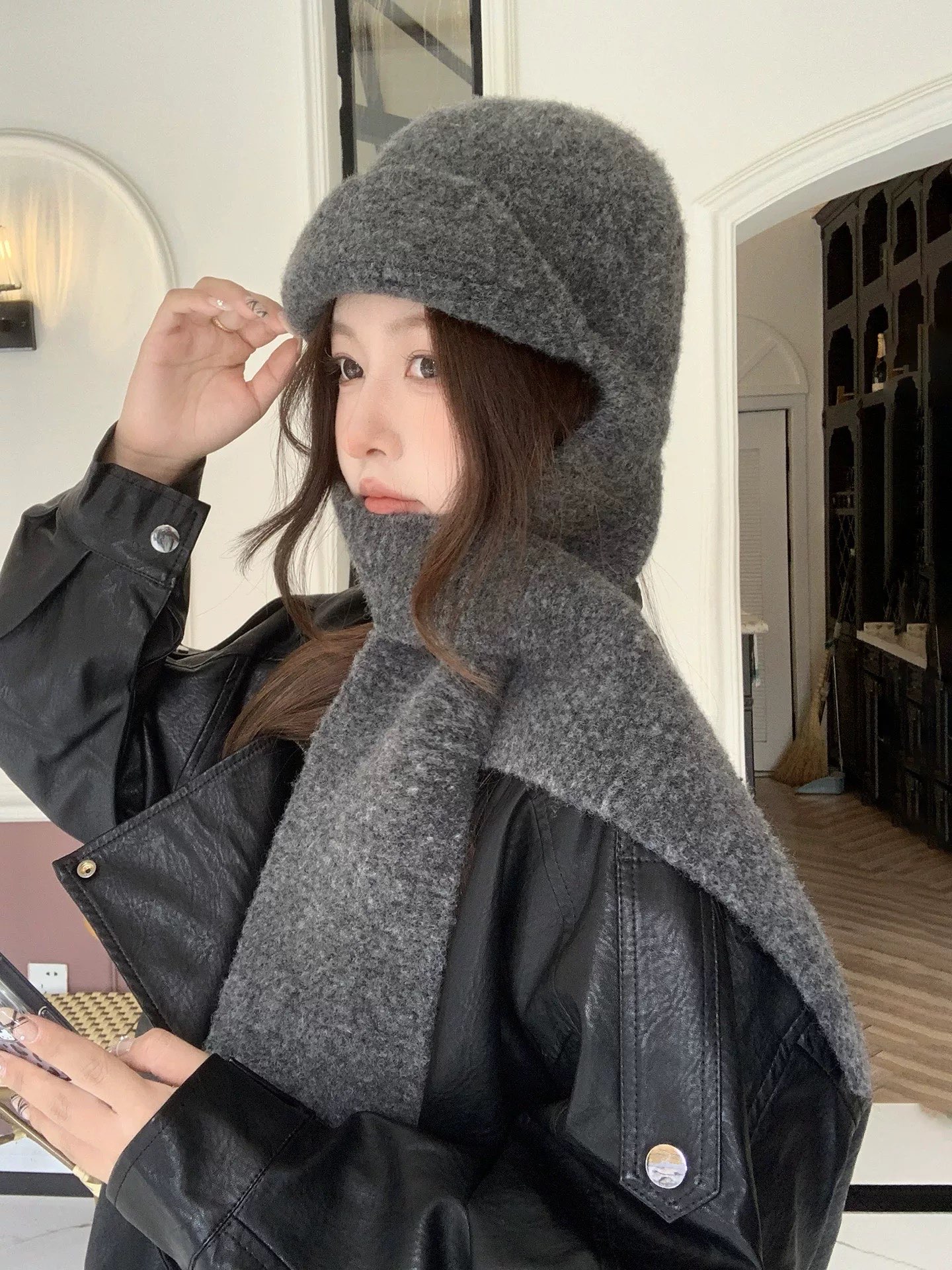 p90 蒙口Moncler 2025新款围巾一体针织帽子女冬季显 脸小防寒保暖毛线帽韩系包头帽