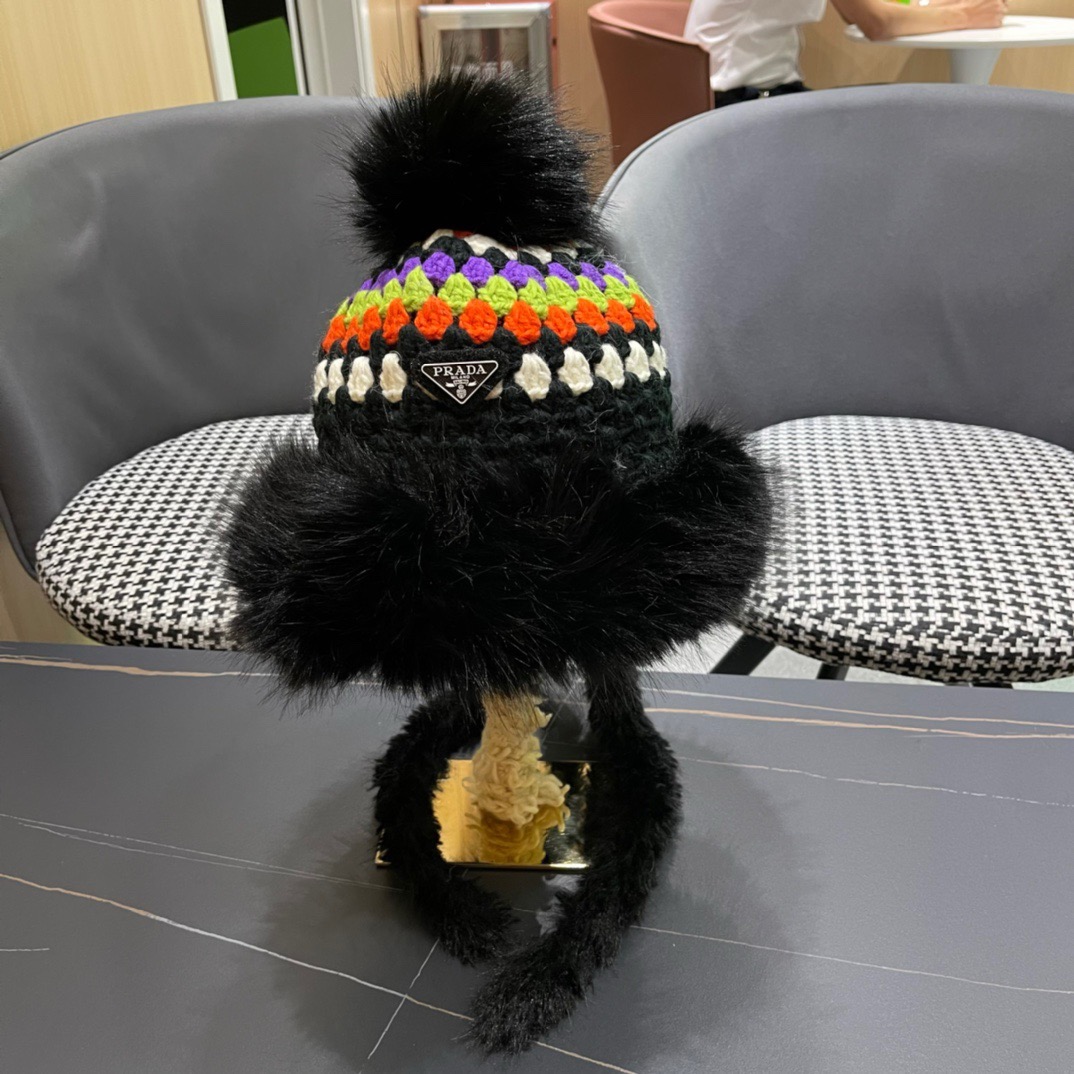 pRADA普拉达可爱秋冬季新款软妹子毛线帽女生ins时尚内里绒雷锋帽新