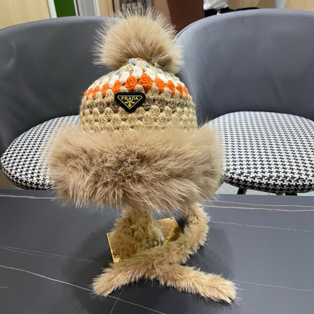 pRADA普拉达可爱秋冬季新款软妹子毛线帽女生ins时尚内里绒雷锋帽新