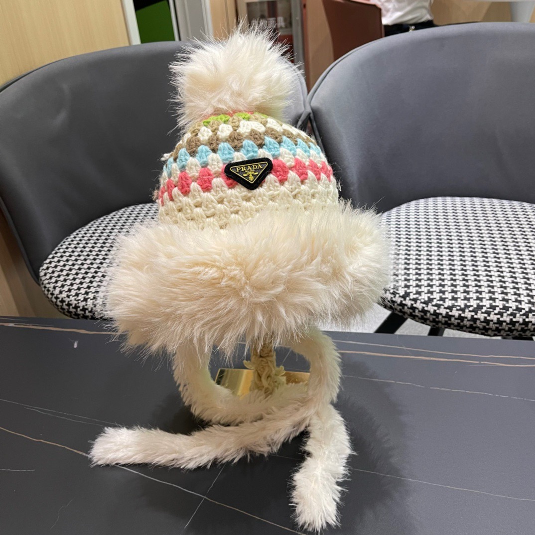 pRADA普拉达可爱秋冬季新款软妹子毛线帽女生ins时尚内里绒雷锋帽新