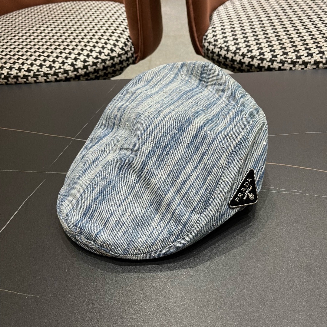 普拉达 Prada 时髦条纹带钻牛仔做1前进帽女春夏秋画家帽子街头复古显脸小贝雷帽潮
