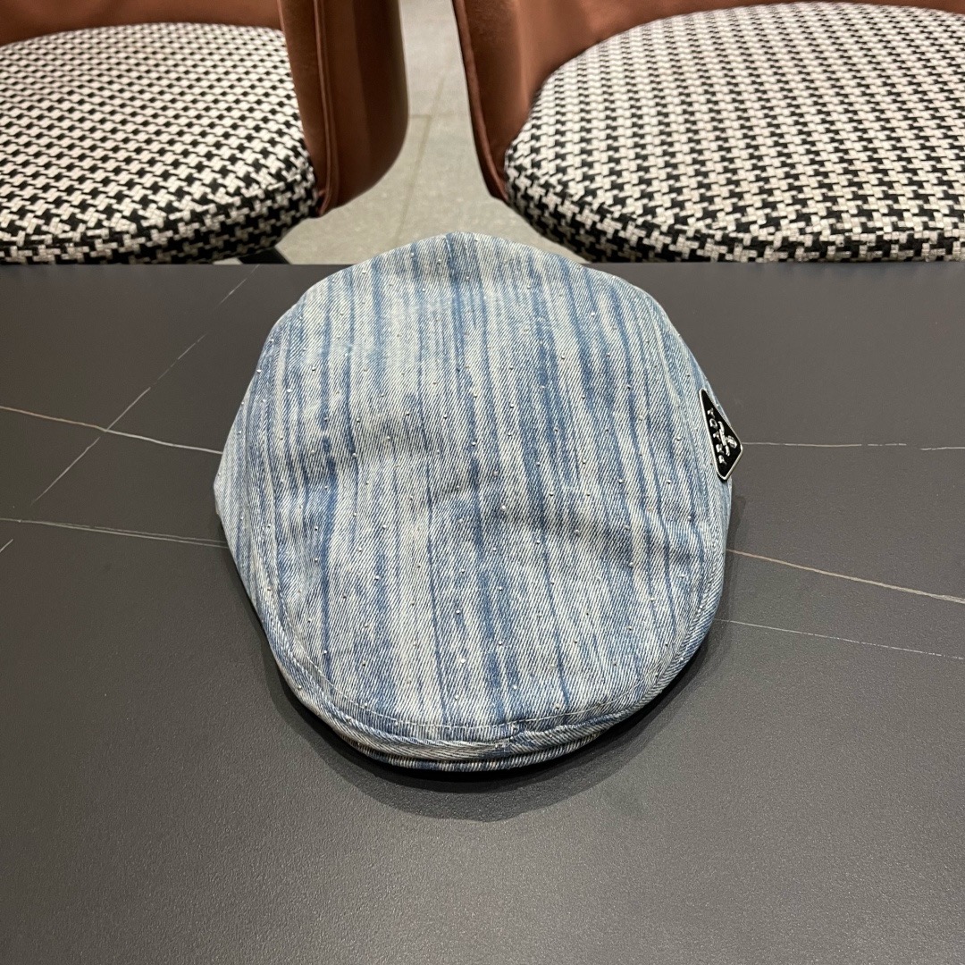 普拉达 Prada 时髦条纹带钻牛仔做1前进帽女春夏秋画家帽子街头复古显脸小贝雷帽潮