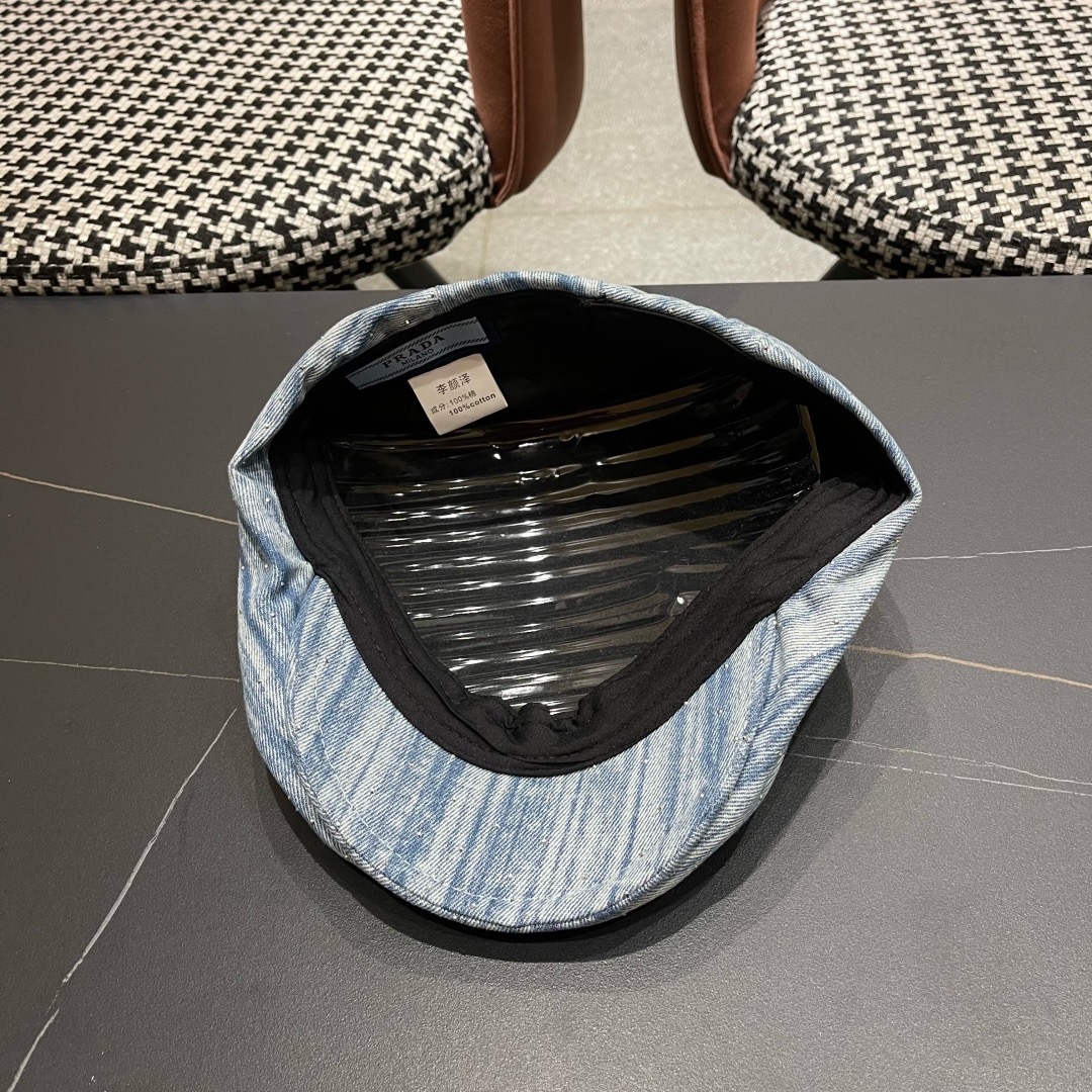 普拉达 Prada 时髦条纹带钻牛仔做1前进帽女春夏秋画家帽子街头复古显脸小贝雷帽潮