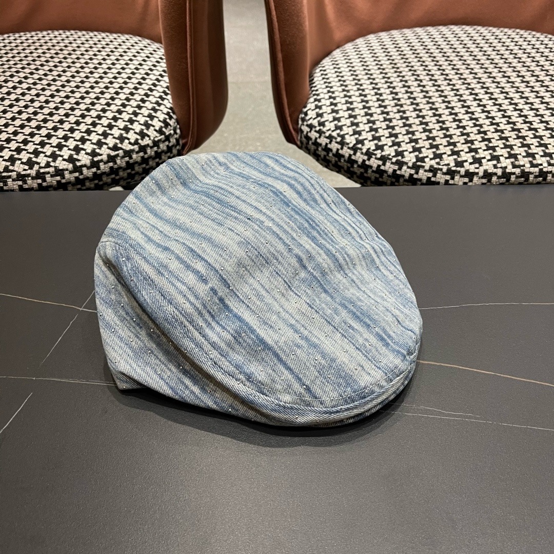 普拉达 Prada 时髦条纹带钻牛仔做1前进帽女春夏秋画家帽子街头复古显脸小贝雷帽潮