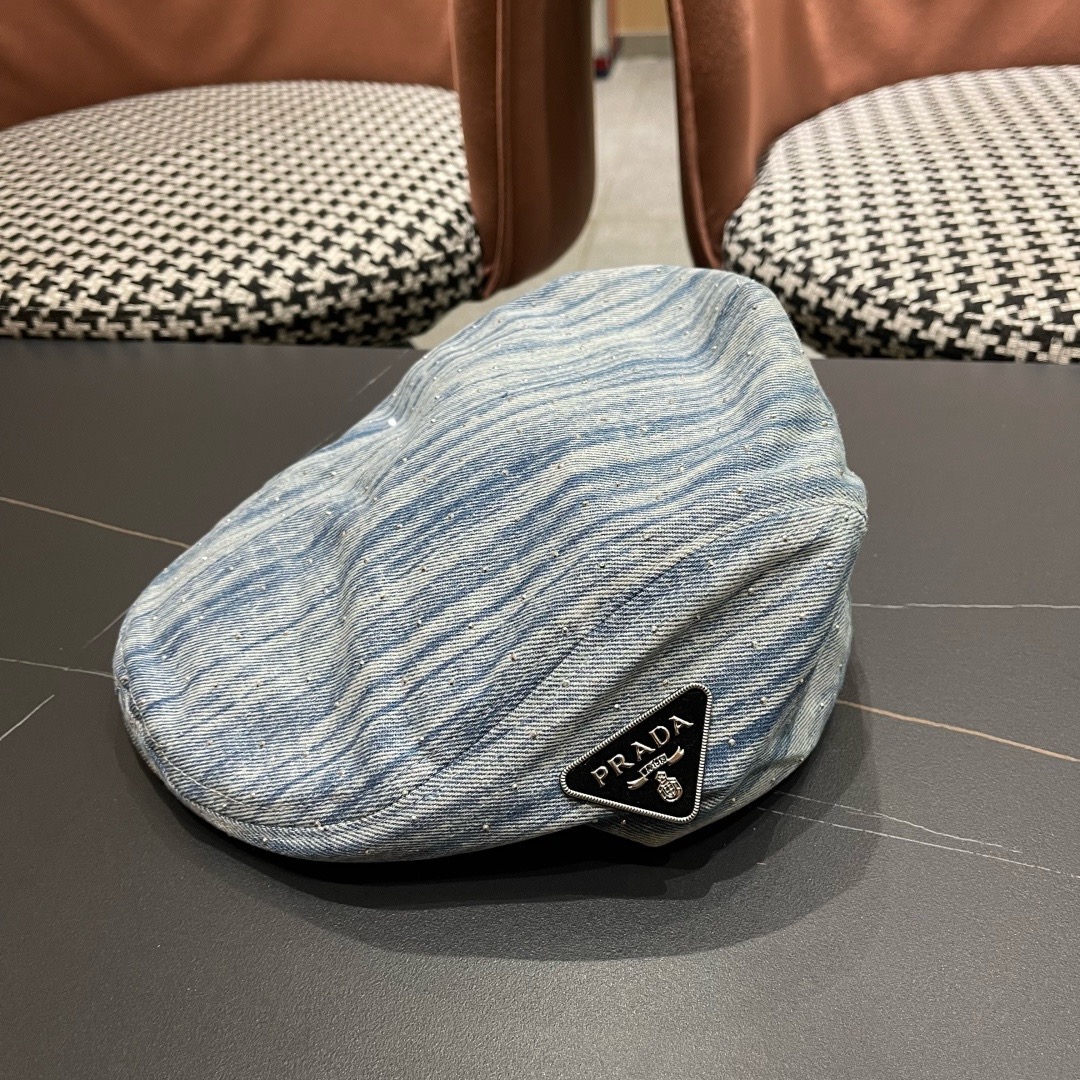 普拉达 Prada 时髦条纹带钻牛仔做1前进帽女春夏秋画家帽子街头复古显脸小贝雷帽潮