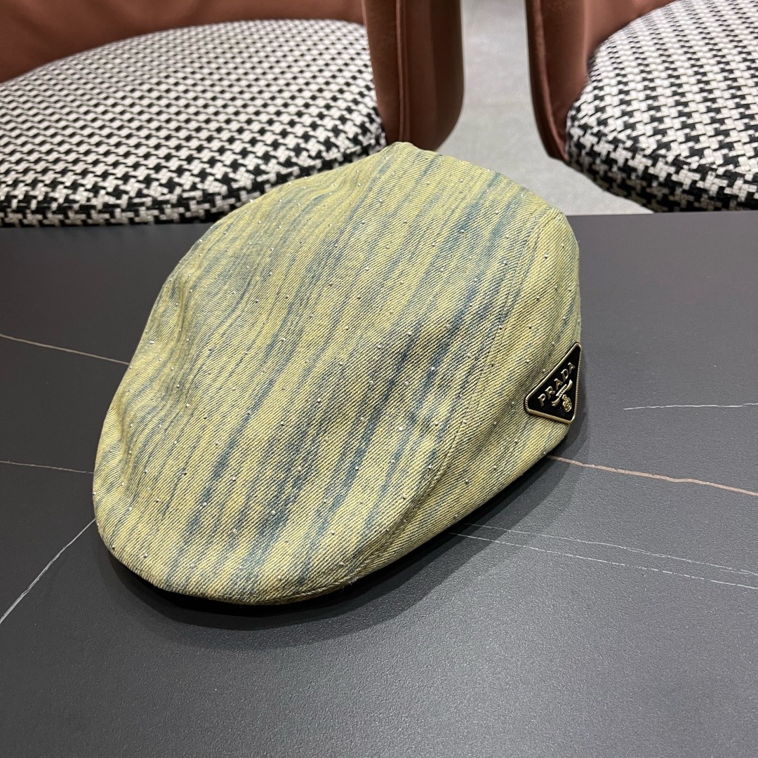 普拉达 Prada 时髦条纹带钻牛仔做1前进帽女春夏秋画家帽子街头复古显脸小贝雷帽潮