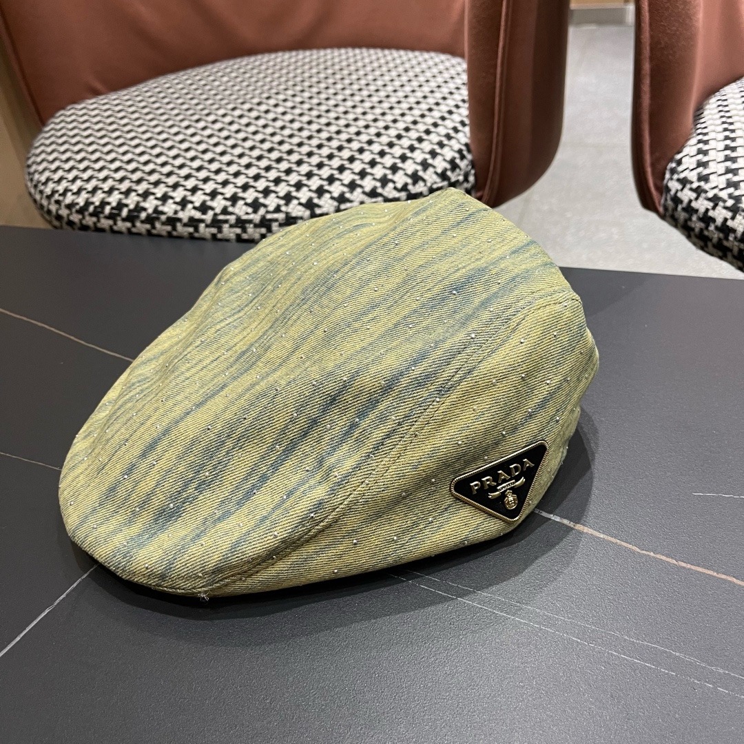 普拉达 Prada 时髦条纹带钻牛仔做1前进帽女春夏秋画家帽子街头复古显脸小贝雷帽潮