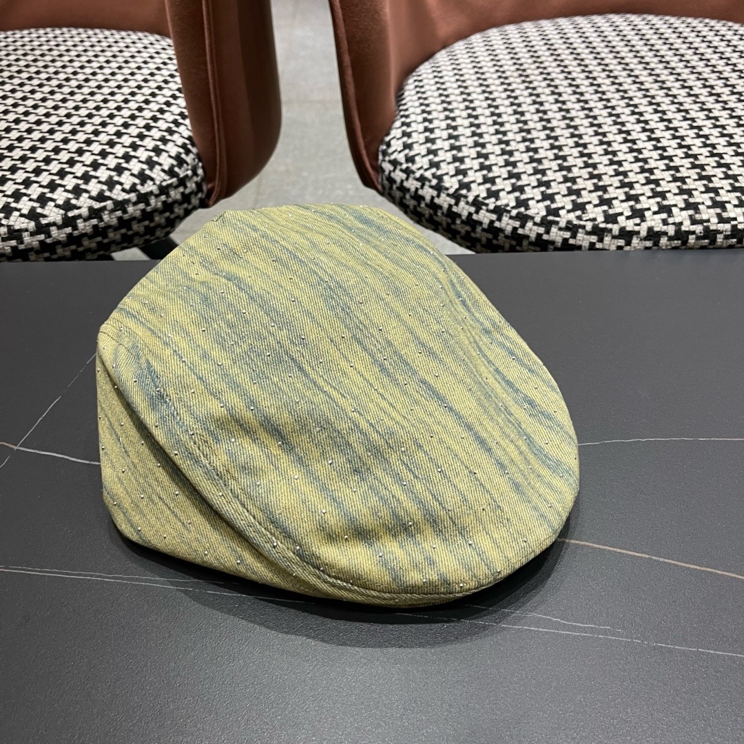 普拉达 Prada 时髦条纹带钻牛仔做1前进帽女春夏秋画家帽子街头复古显脸小贝雷帽潮