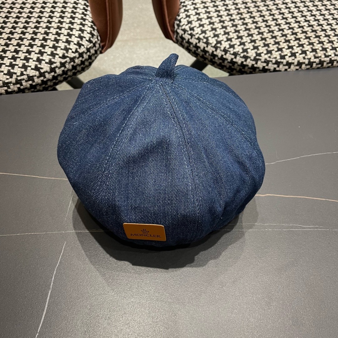 蒙口 MONCLER（蒙口）日系网红牛仔贝雷帽子女春秋款潮浅蓝色复古金属标画家蓓蕾帽夏季