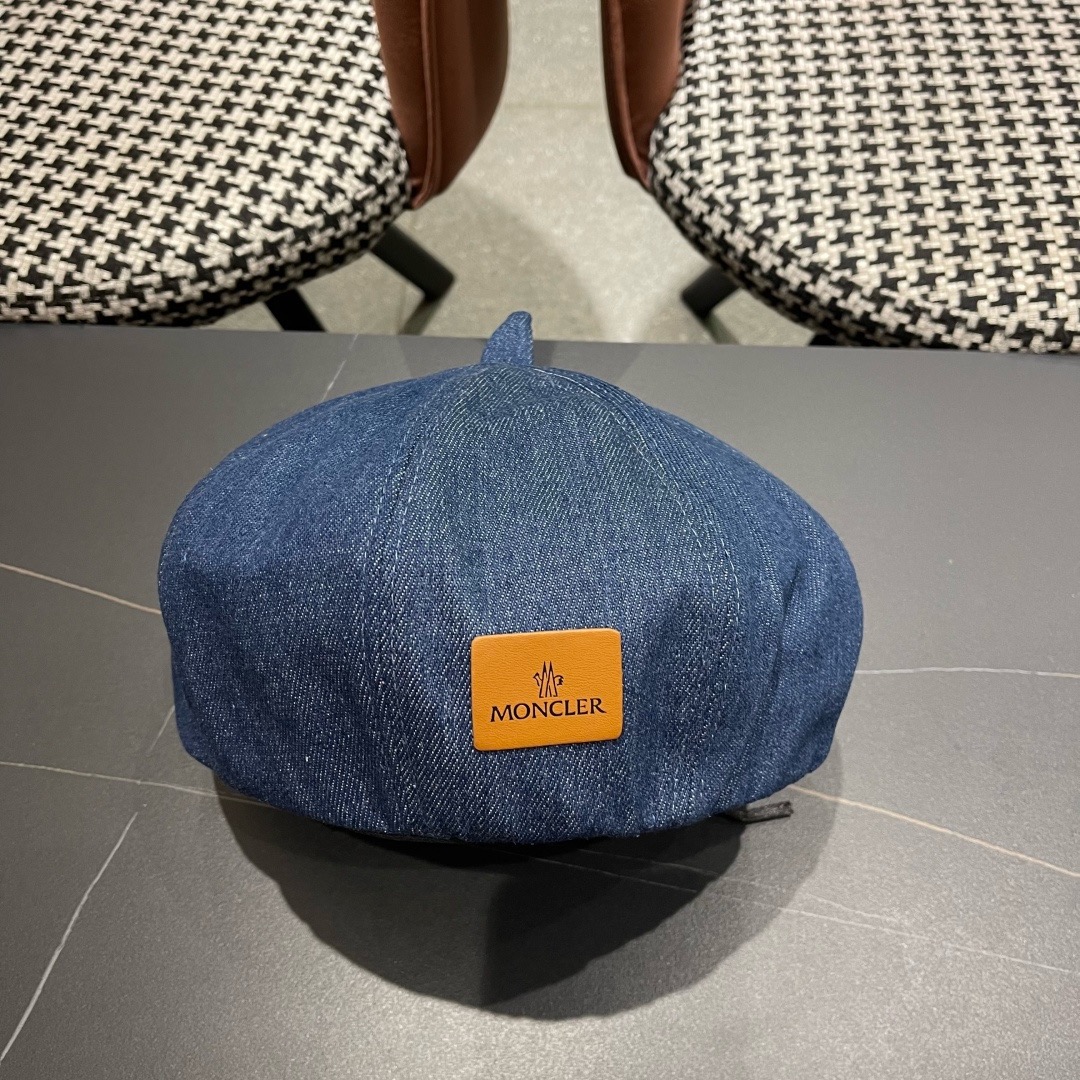 蒙口 MONCLER（蒙口）日系网红牛仔贝雷帽子女春秋款潮浅蓝色复古金属标画家蓓蕾帽夏季