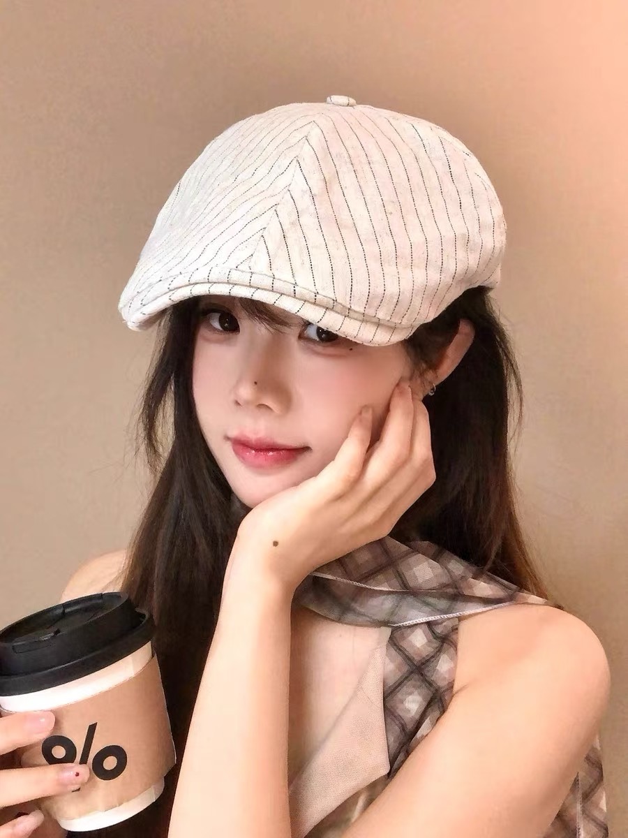 赛琳，日系条纹前进帽女2025新款春夏季复古百搭贝雷帽个性反戴鸭舌帽子
