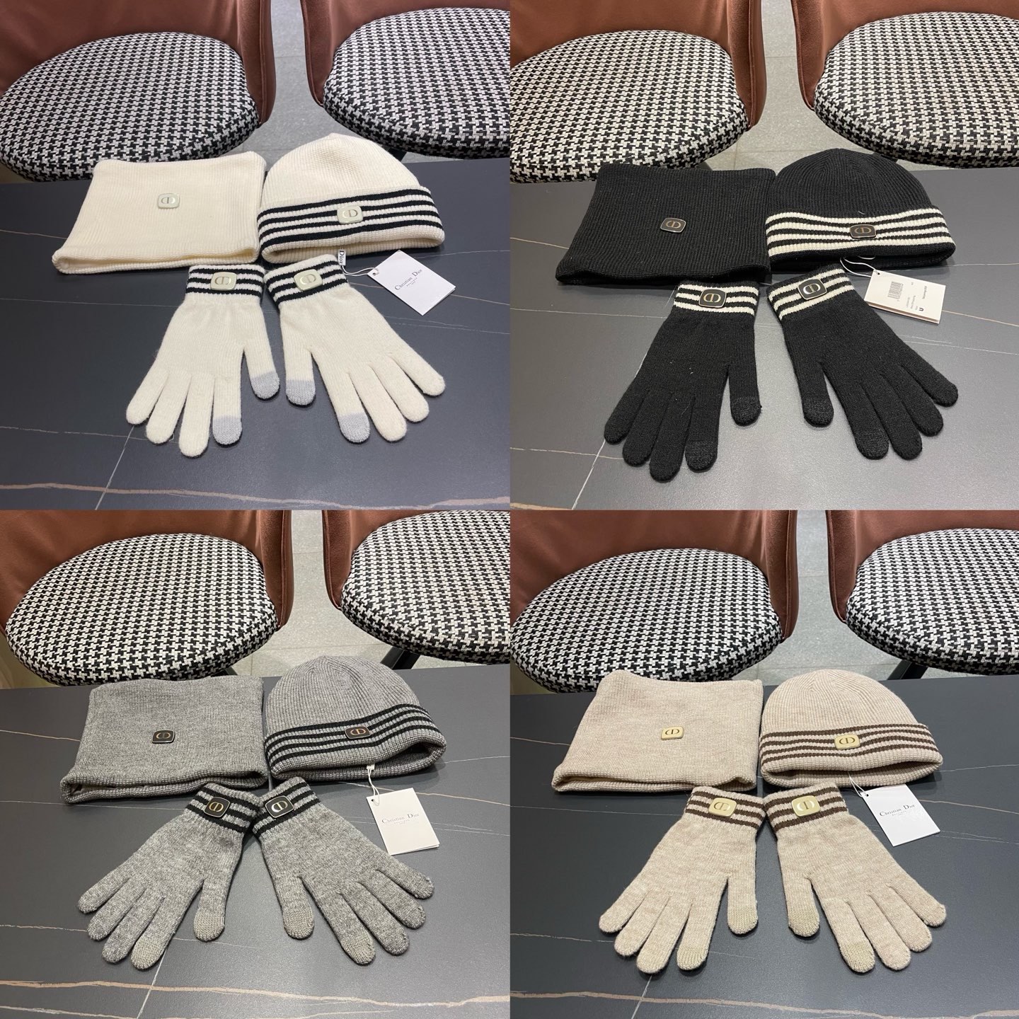 P195 Dior迪奥 冬季新款保暖帽子女围巾手套三件套
加厚羊驼绒针织条纹毛线帽男潮