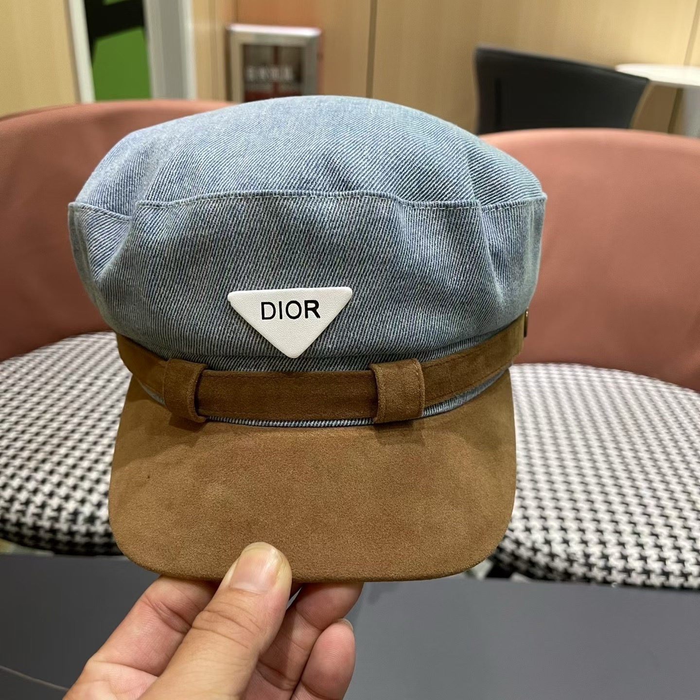 迪奥 Dior新款百搭英伦风海军帽水洗牛仔布复古报童贝雷帽女秋冬八角帽