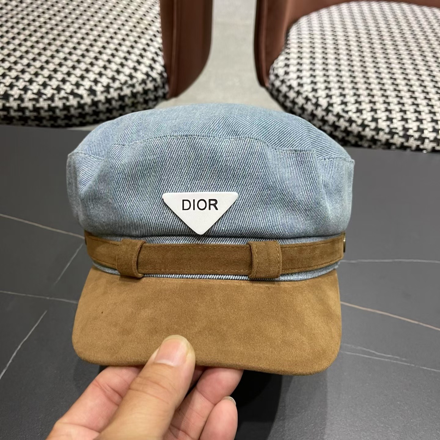 迪奥 Dior新款百搭英伦风海军帽水洗牛仔布复古报童贝雷帽女秋冬八角帽