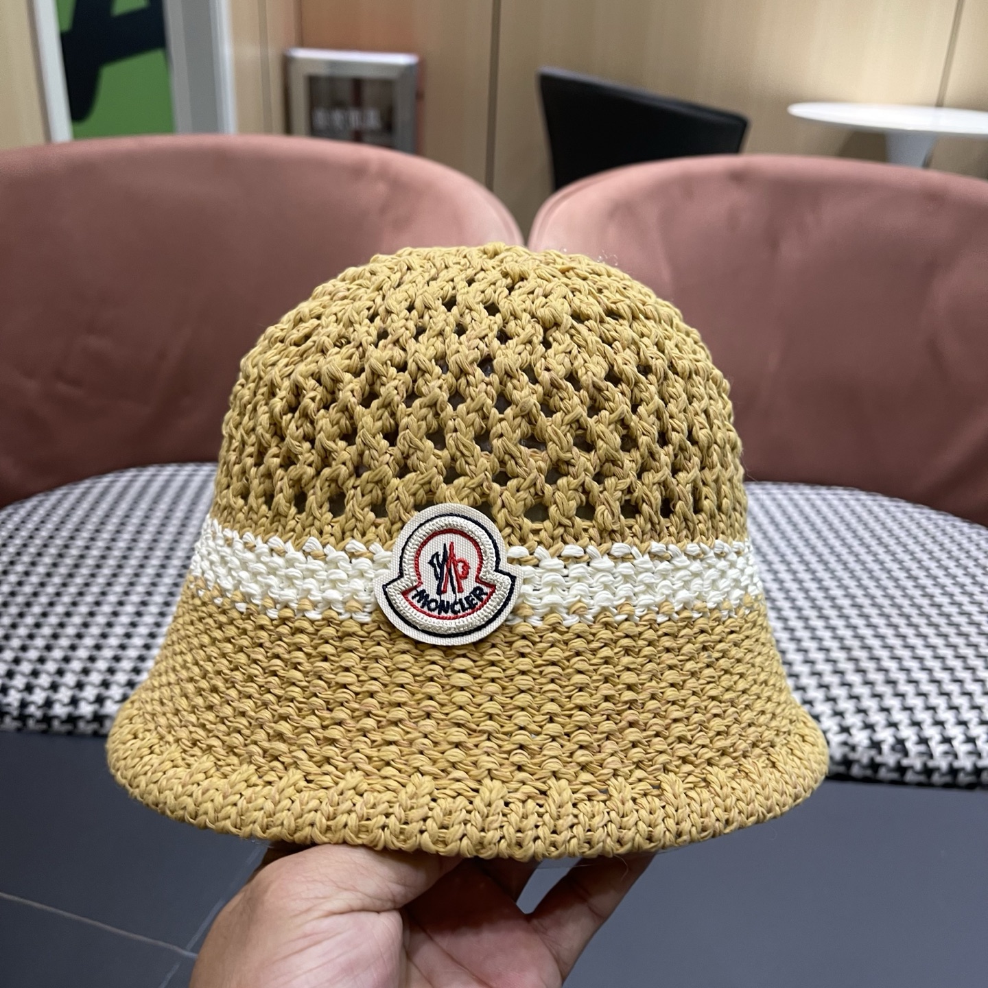 MONCLER（蒙口）缕空透气渔夫帽女夏季新款遮阳防晒显脸小盆帽户外休闲太阳帽
