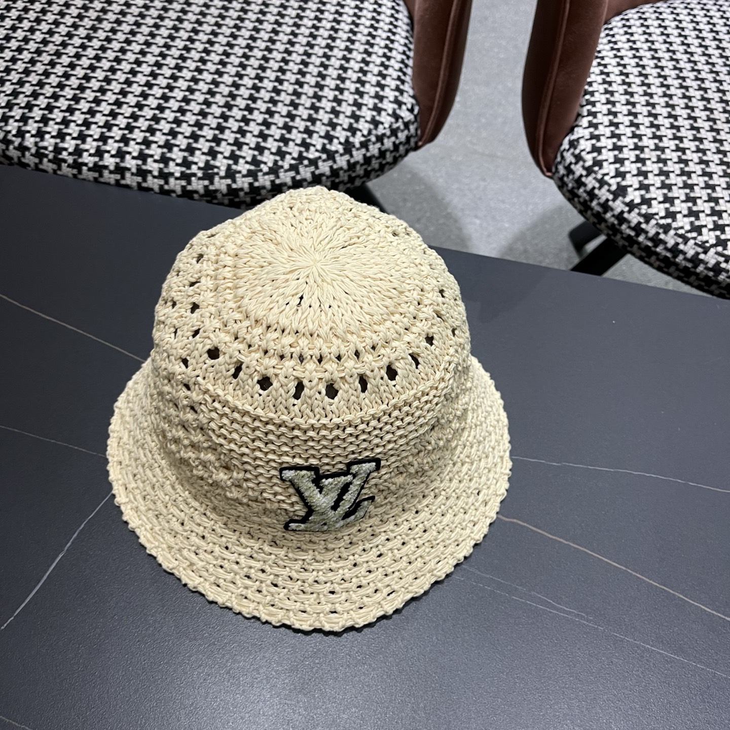 LV路易威登 韩国镂空编织水桶帽渔夫帽女夏季透气针织菱形钩花防晒遮阳盆帽子