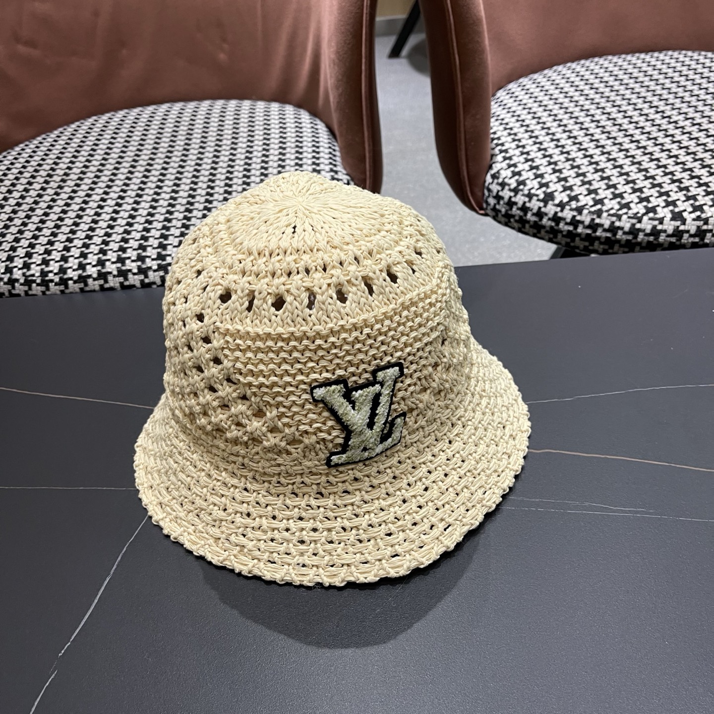 LV路易威登 韩国镂空编织水桶帽渔夫帽女夏季透气针织菱形钩花防晒遮阳盆帽子