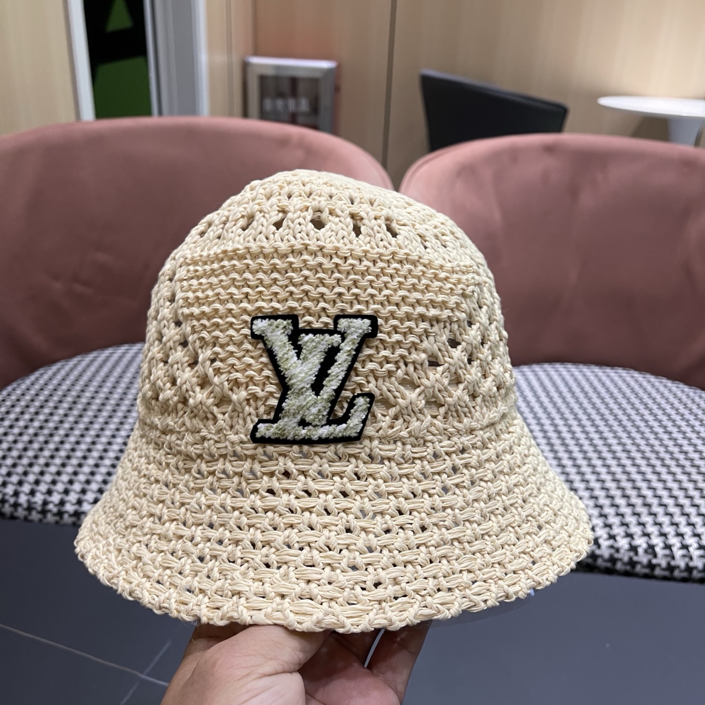 LV路易威登 韩国镂空编织水桶帽渔夫帽女夏季透气针织菱形钩花防晒遮阳盆帽子