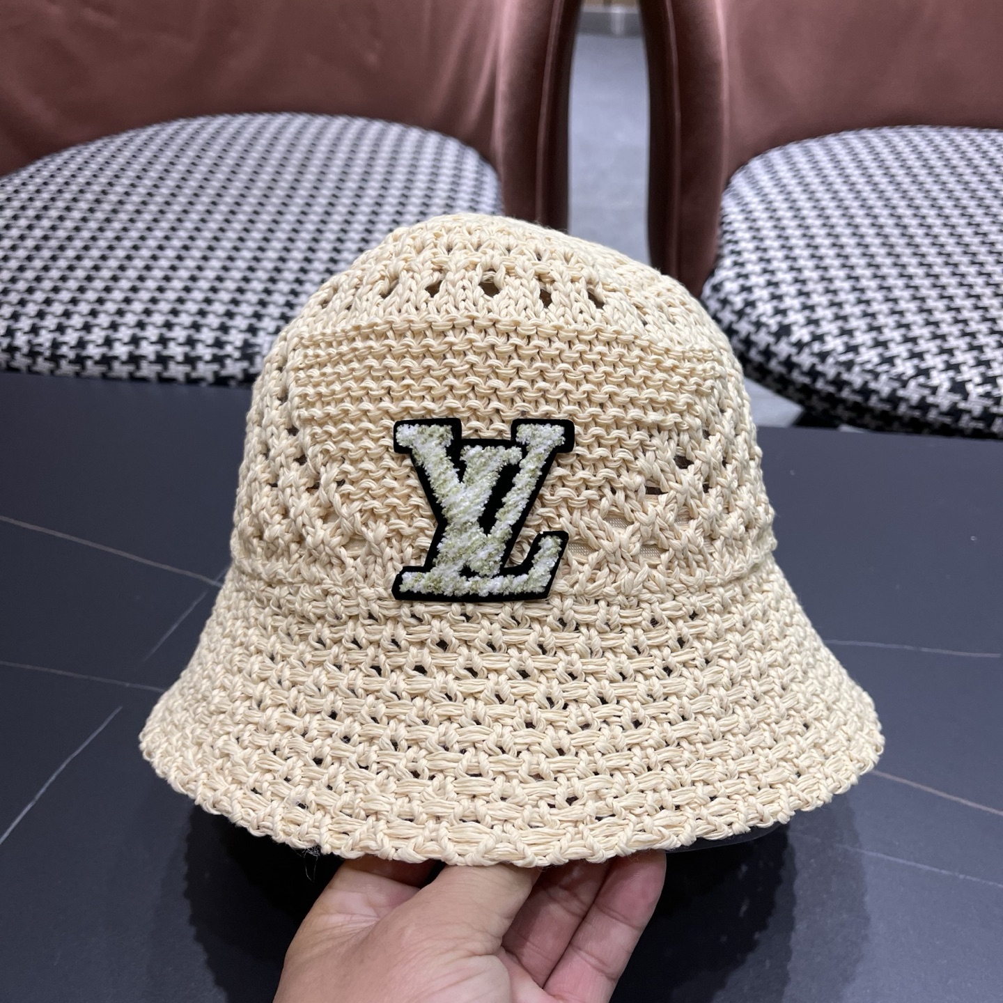 LV路易威登 韩国镂空编织水桶帽渔夫帽女夏季透气针织菱形钩花防晒遮阳盆帽子