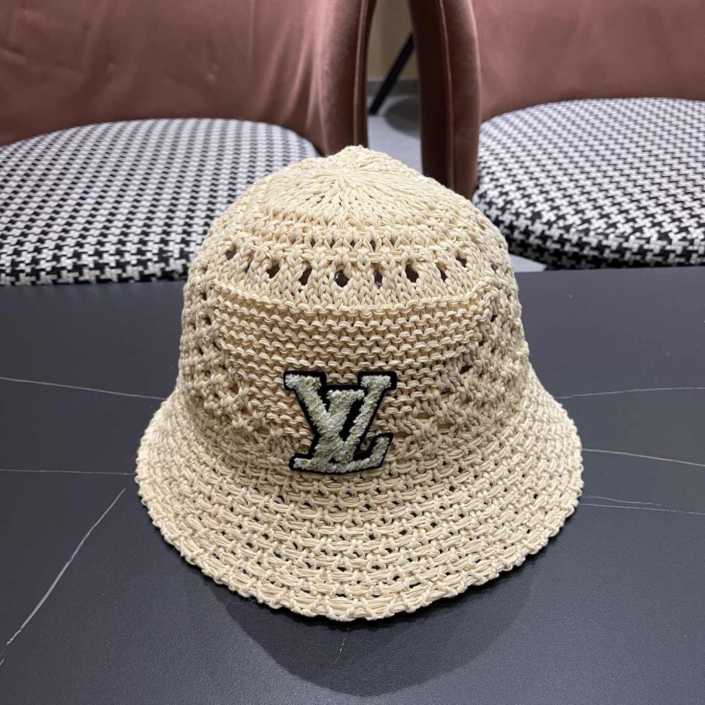 LV路易威登 韩国镂空编织水桶帽渔夫帽女夏季透气针织菱形钩花防晒遮阳盆帽子