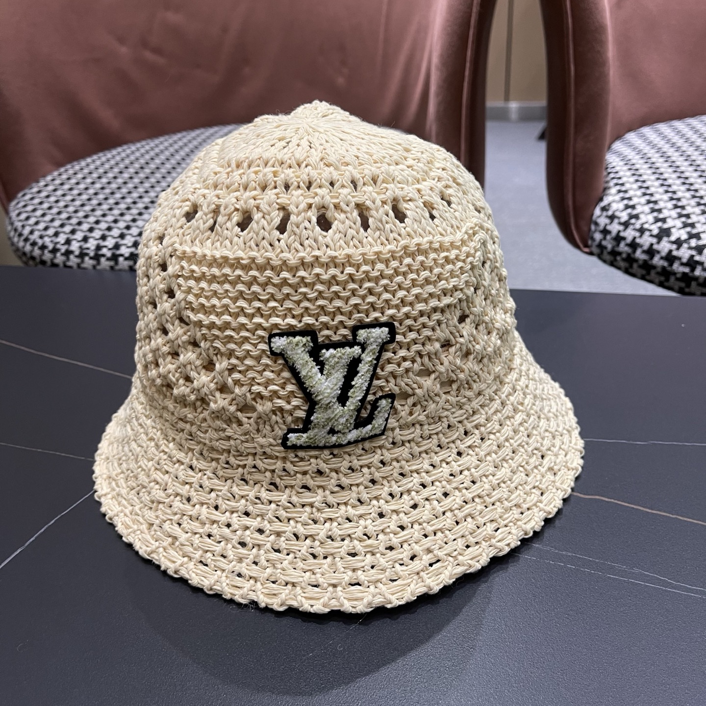 LV路易威登 韩国镂空编织水桶帽渔夫帽女夏季透气针织菱形钩花防晒遮阳盆帽子