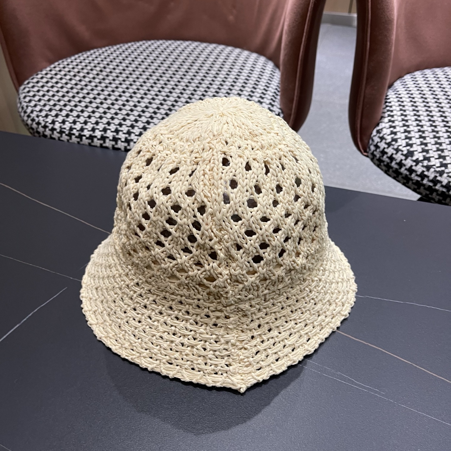 LV路易威登 韩国镂空编织水桶帽渔夫帽女夏季透气针织菱形钩花防晒遮阳盆帽子