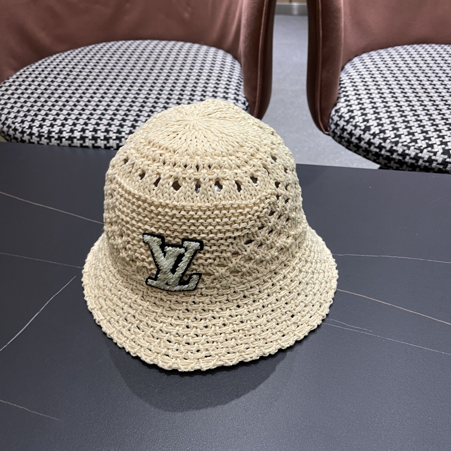 LV路易威登 韩国镂空编织水桶帽渔夫帽女夏季透气针织菱形钩花防晒遮阳盆帽子