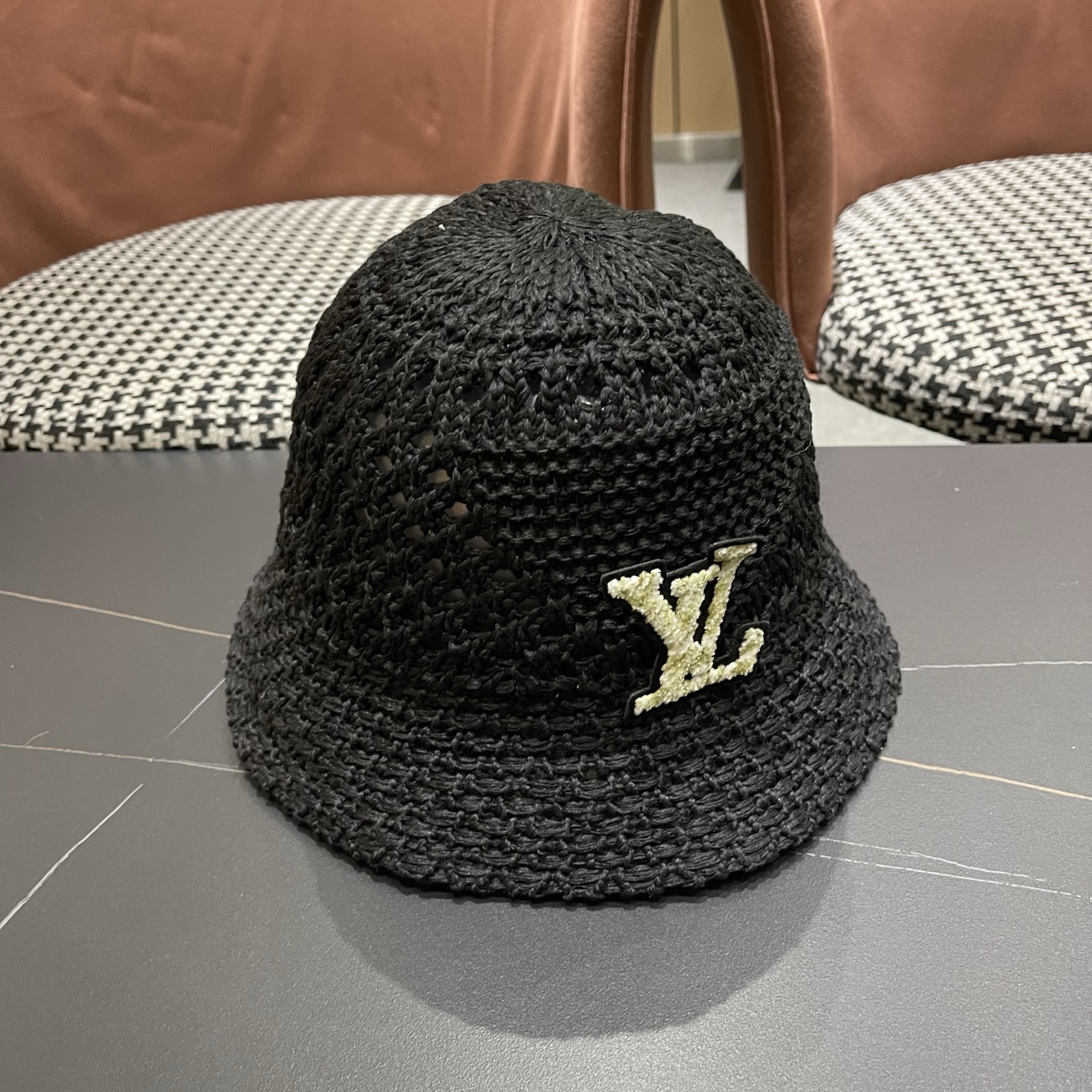 LV路易威登 韩国镂空编织水桶帽渔夫帽女夏季透气针织菱形钩花防晒遮阳盆帽子