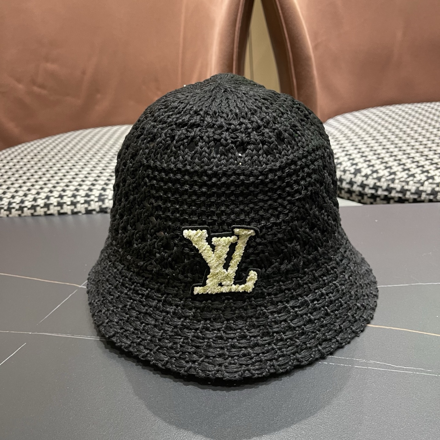 LV路易威登 韩国镂空编织水桶帽渔夫帽女夏季透气针织菱形钩花防晒遮阳盆帽子