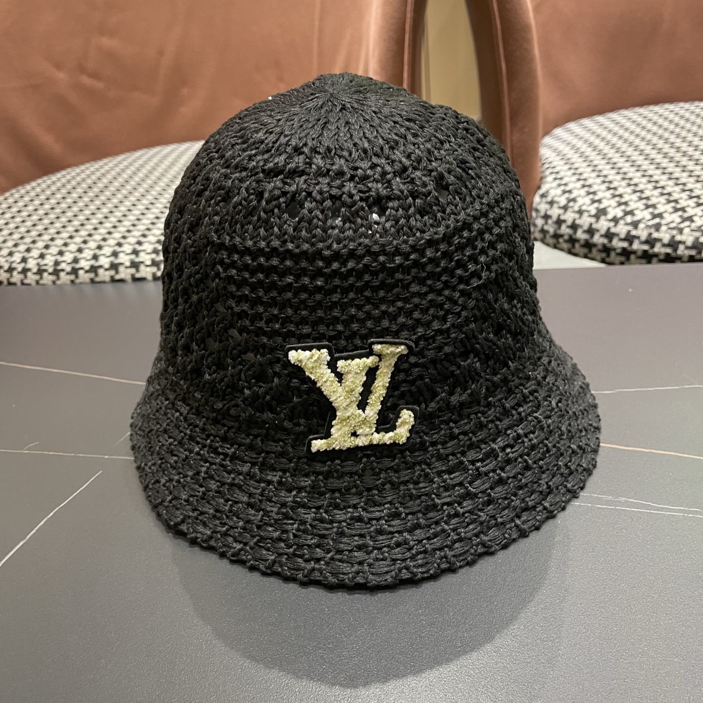 LV路易威登 韩国镂空编织水桶帽渔夫帽女夏季透气针织菱形钩花防晒遮阳盆帽子