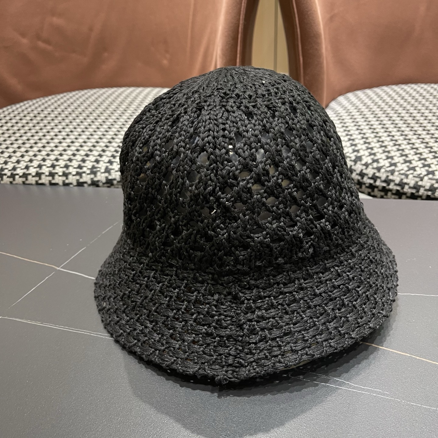 LV路易威登 韩国镂空编织水桶帽渔夫帽女夏季透气针织菱形钩花防晒遮阳盆帽子