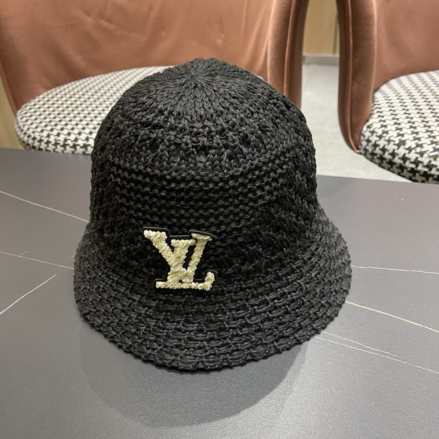 LV路易威登 韩国镂空编织水桶帽渔夫帽女夏季透气针织菱形钩花防晒遮阳盆帽子