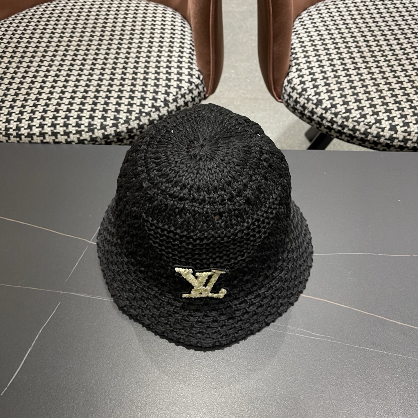 LV路易威登 韩国镂空编织水桶帽渔夫帽女夏季透气针织菱形钩花防晒遮阳盆帽子