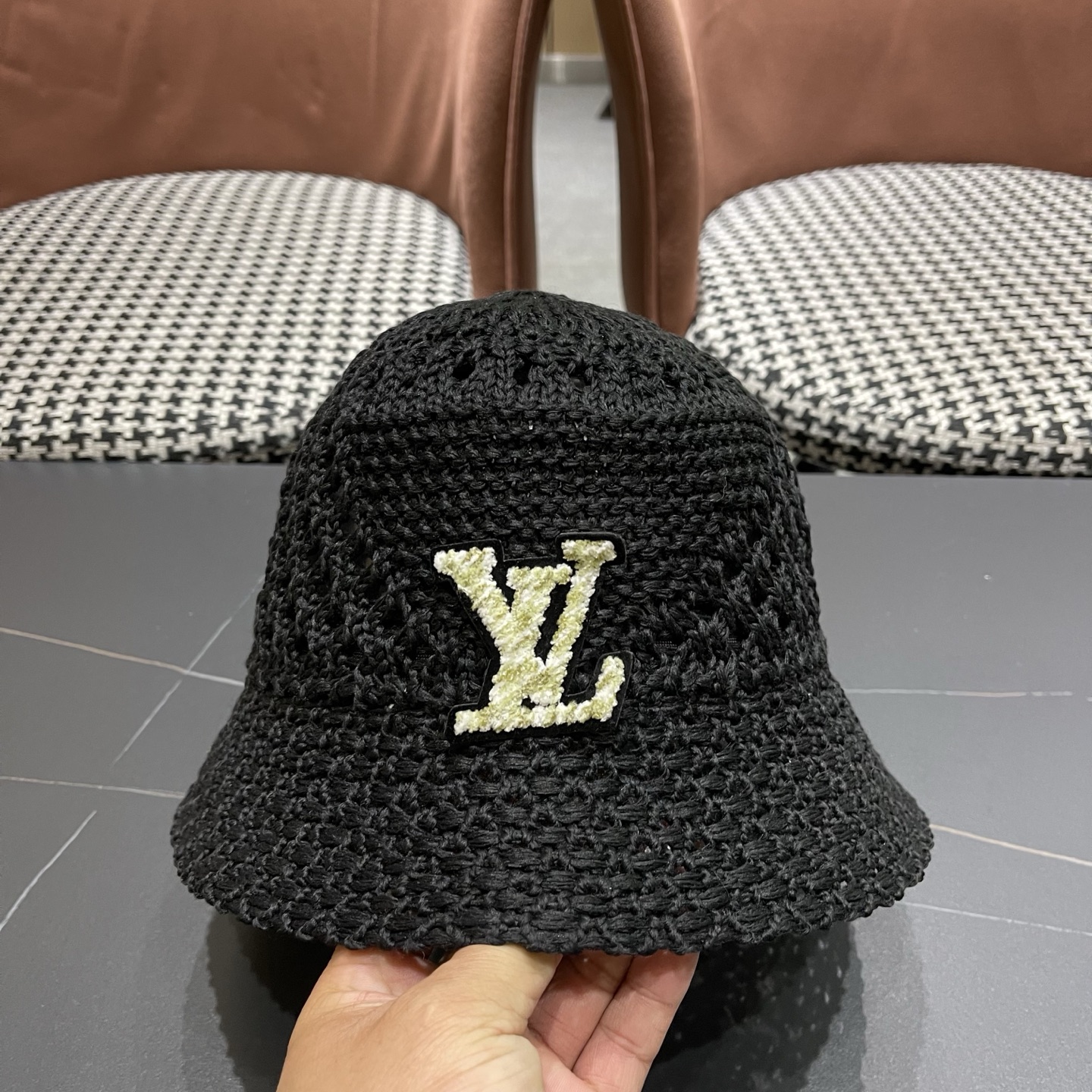 LV路易威登 韩国镂空编织水桶帽渔夫帽女夏季透气针织菱形钩花防晒遮阳盆帽子