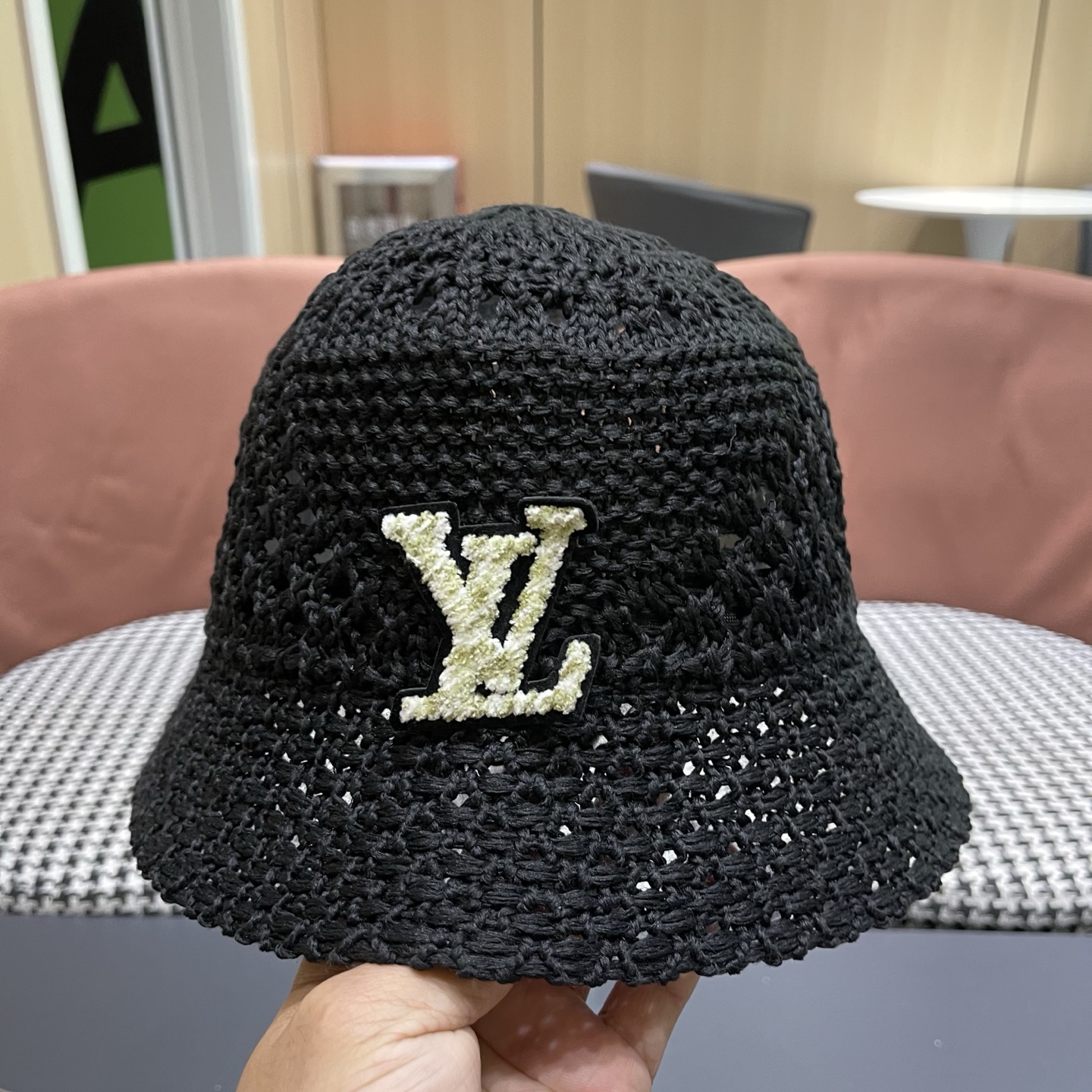 LV路易威登 韩国镂空编织水桶帽渔夫帽女夏季透气针织菱形钩花防晒遮阳盆帽子