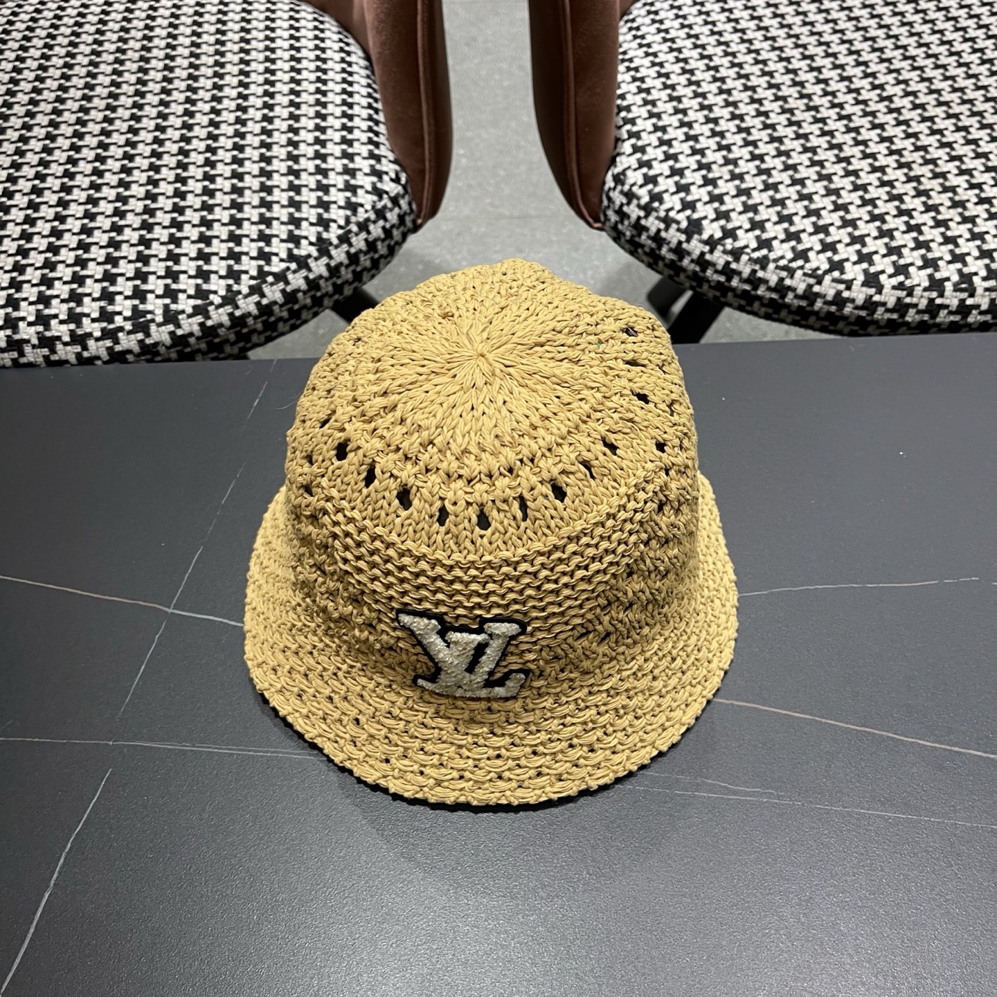 LV路易威登 韩国镂空编织水桶帽渔夫帽女夏季透气针织菱形钩花防晒遮阳盆帽子