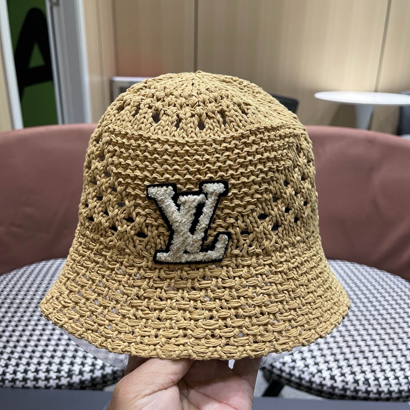 LV路易威登 韩国镂空编织水桶帽渔夫帽女夏季透气针织菱形钩花防晒遮阳盆帽子