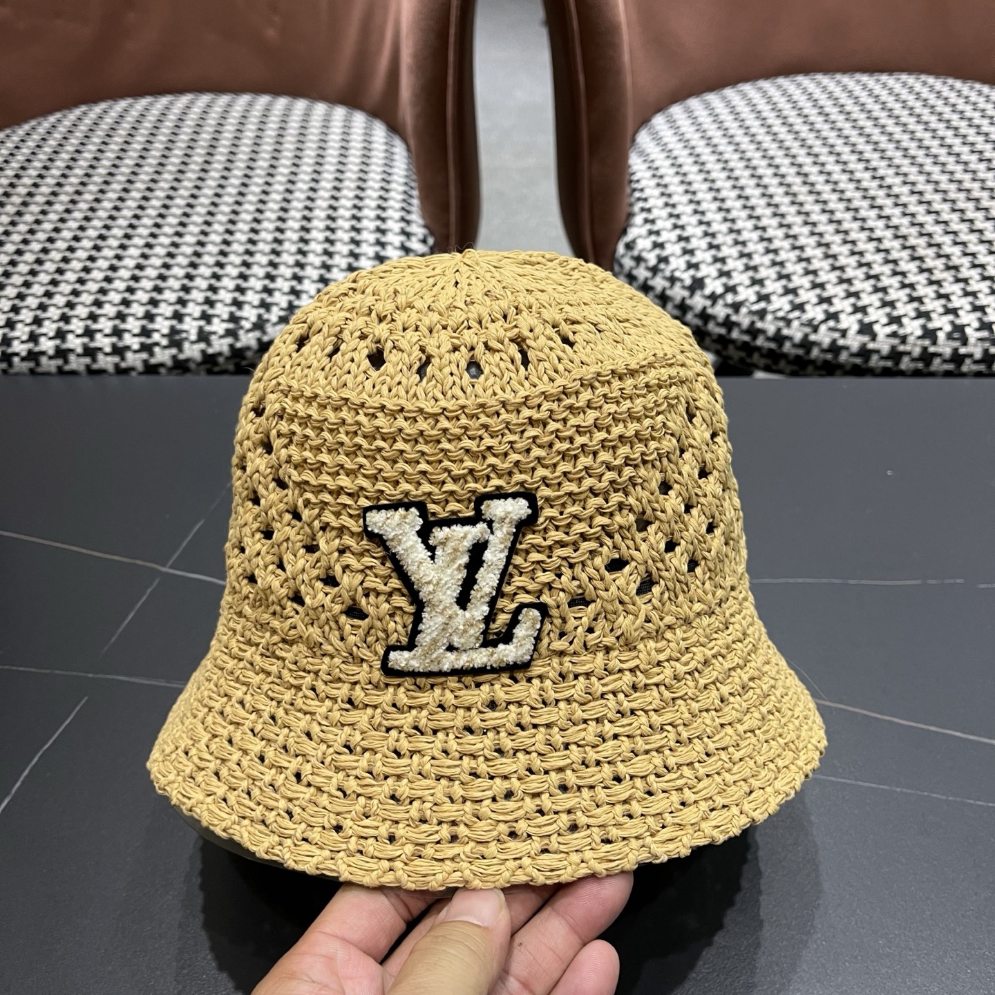 LV路易威登 韩国镂空编织水桶帽渔夫帽女夏季透气针织菱形钩花防晒遮阳盆帽子