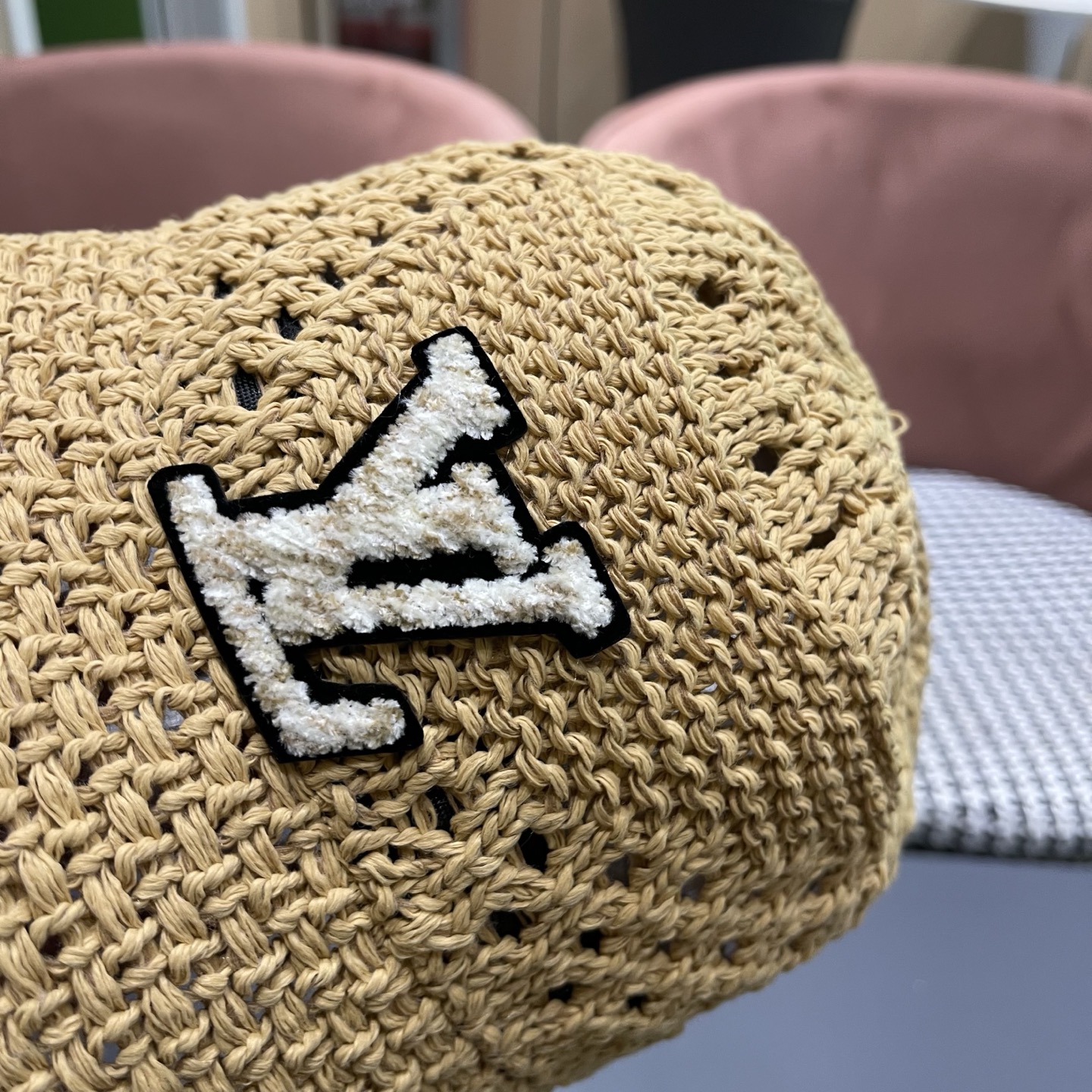 LV路易威登 韩国镂空编织水桶帽渔夫帽女夏季透气针织菱形钩花防晒遮阳盆帽子