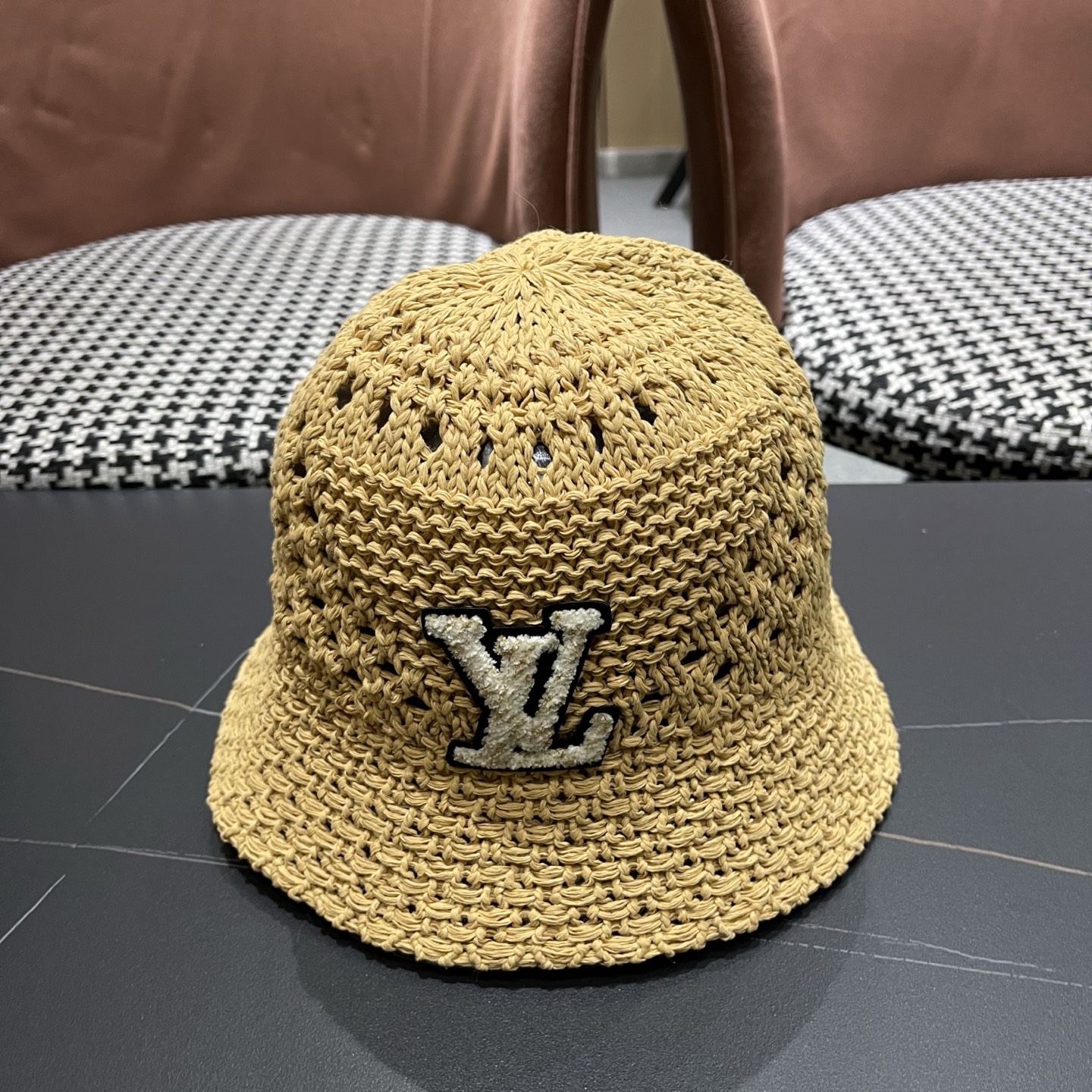 LV路易威登 韩国镂空编织水桶帽渔夫帽女夏季透气针织菱形钩花防晒遮阳盆帽子